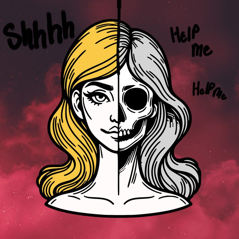 bust of a woman, half face and hair, half skull