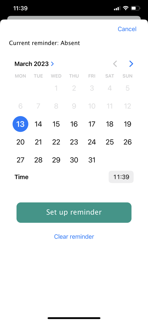 Home yoga practice - 홈 요가 연습 앱에서 캘린더와 시간 선택기를 사용하여 요가 연습 알림을 설정하는 인터페이스