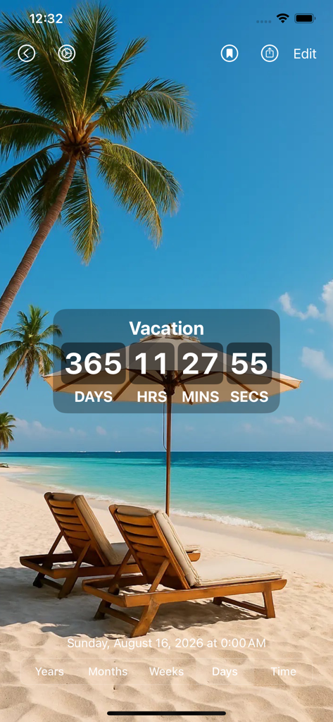 Temporizador de cuenta atrás de vacaciones con un fondo de playa tropical que presenta palmeras y tumbonas