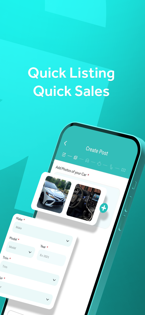 CAR GO: Buy, Sell and Go! - Mobile screen showing the CAR GO app quick listing feature to sell cars including photo uploads and vehicle details
