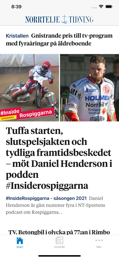 Norrtelje Tidning - Norrtelje Tidning mobile app screen showing local news headlines and speedway sports updates