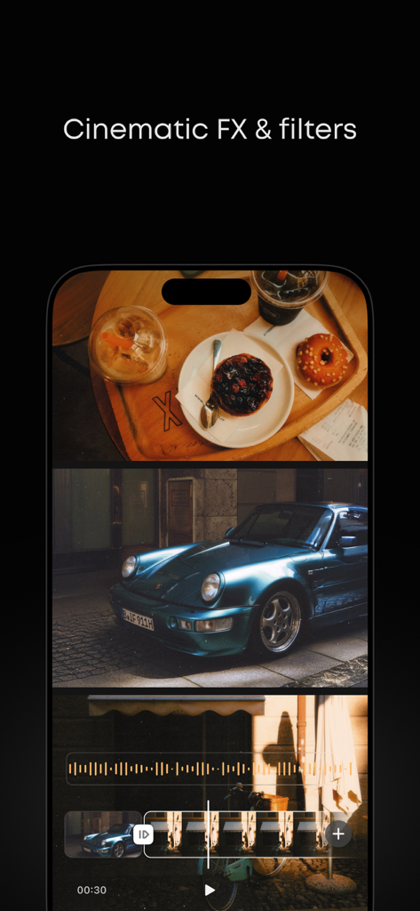 Interfaz móvil de la aplicación Prequel que muestra efectos de video cinematográficos y filtros estéticos para la creación de contenido