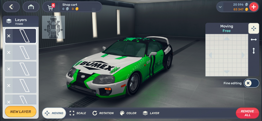 Interfaz del editor de personalización de coches y libreas en Drag Racing 3D Streets 2