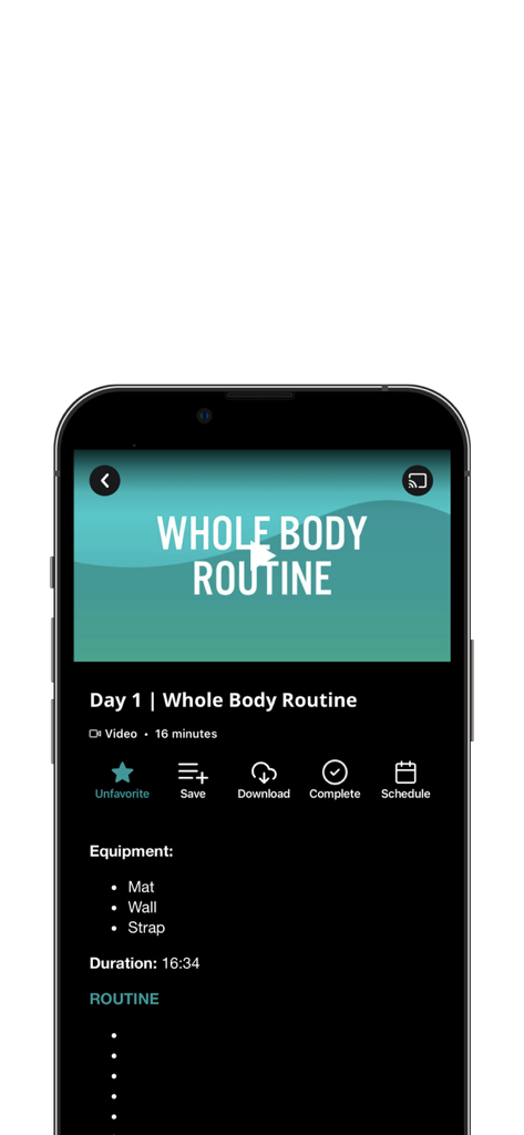 Dynamic Triathlete - Dynamic Triathlete app workout video screen showing a 16 minute whole body routine with equipment list