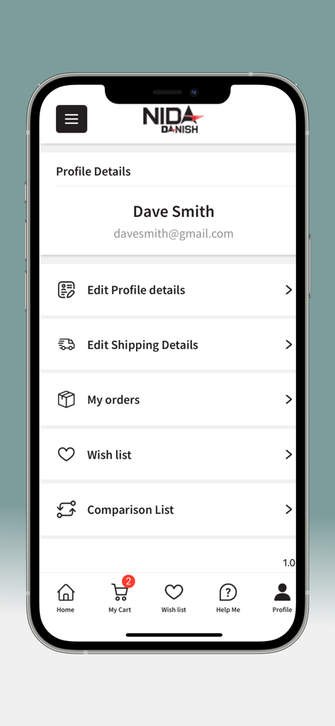 Nida & Danish - User profile settings screen in the Nida and Danish shopping app.