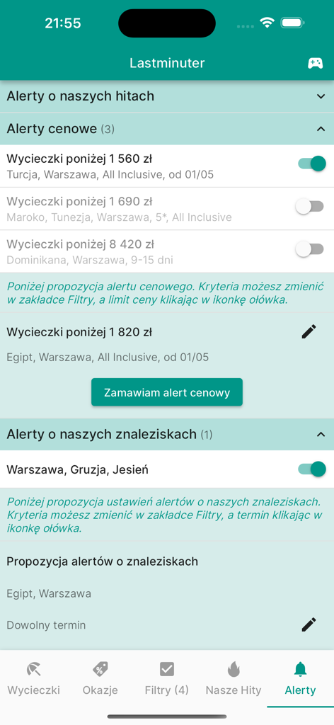 User interface of Lastminuter app displaying custom price alerts for vacation packages