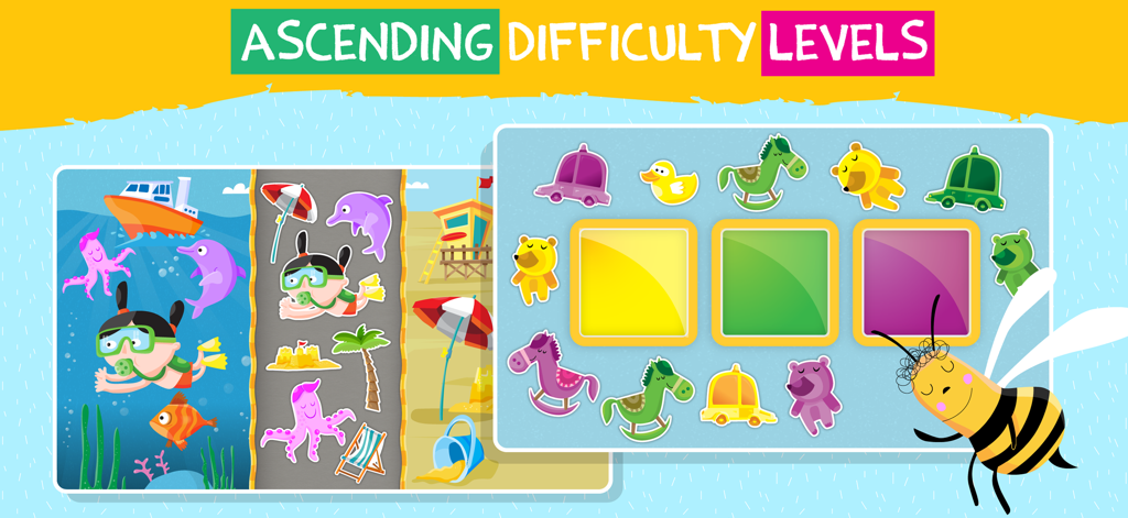 Baby Games: Ad-Free Learning - Screenshot di giochi di classificazione e ordinamento per bambini che mostrano livelli di difficoltà crescenti.