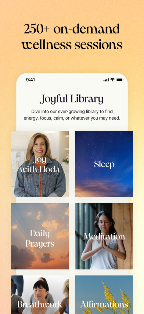 Joy 101 - Joy 101アプリのインターフェース、瞑想や呼吸法などのウェルネスカテゴリーがある「Joyful Library」を表示