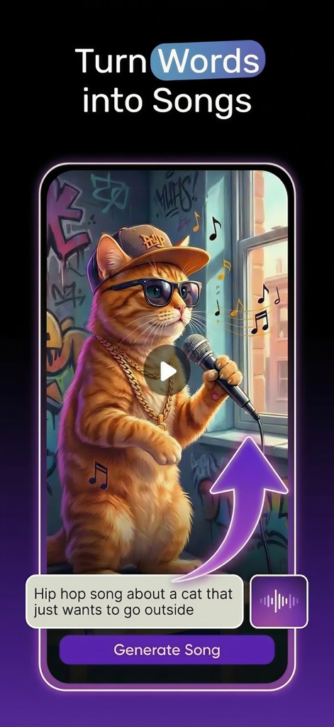 Creator Pro: AI Studio - Creator Pro AI Studio app interface showing the turn words into songs feature with an AI generated cat rapper
