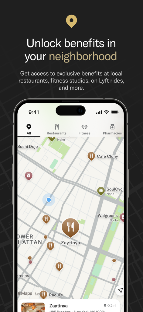 Bilt Rewards - Bilt Rewards app neighborhood map showing local benefits at restaurants and fitness studios