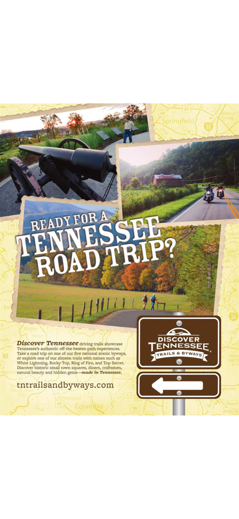 American Road Magazine - A promotional page for Tennessee road trips featuring scenic trails historic landmarks and autumn landscapes