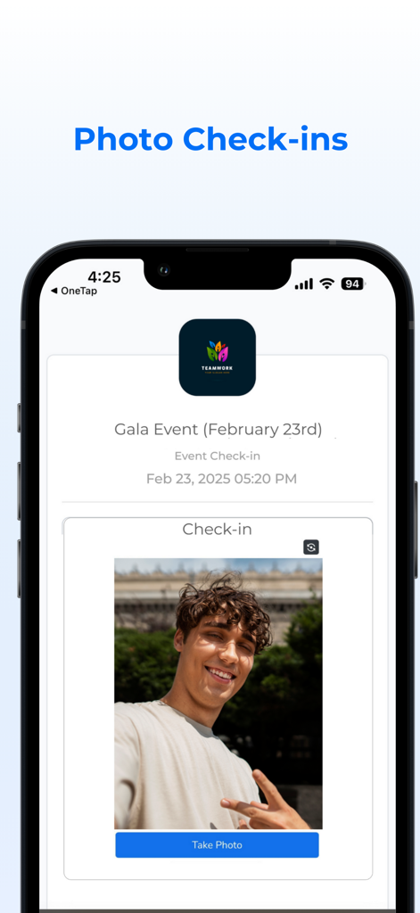 Mobile screen of OneTap Check-In app showcasing the photo check-in feature for event visitors