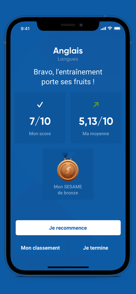Concours SESAME 2026 - Écran de score de l'application Concours SESAME montrant un résultat de 7 sur 10 et l'obtention d'une médaille de bronze pour un test de langue anglaise.