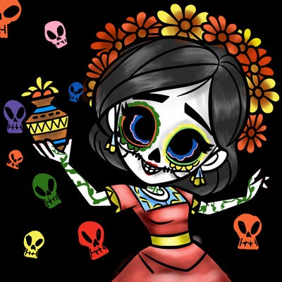 a disney style day of the dead woman.