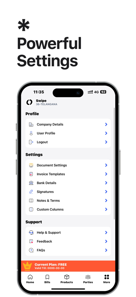 Pantalla de configuración de la aplicación de facturación Swipe que muestra gestión de perfil, plantillas de facturas y configuraciones de documentos.
