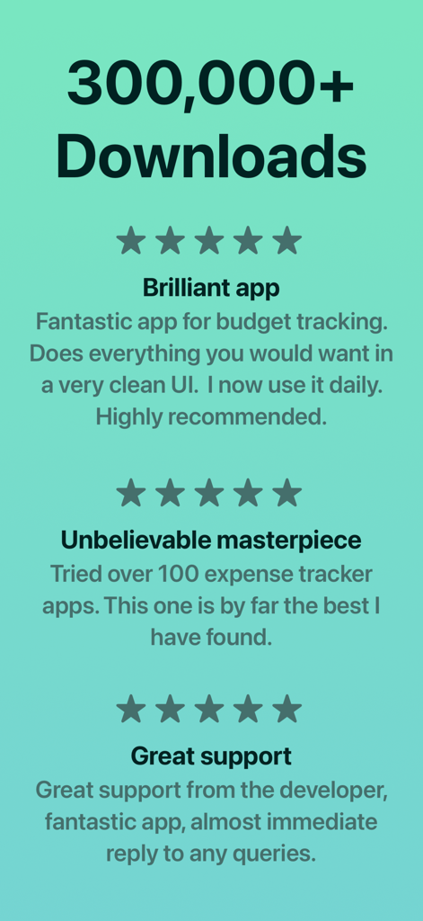 Screenshot of Budget Flow app showing three 5-star user reviews and over 300,000 downloads.