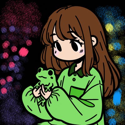 girl with long hair and a oversized shirt. and she is holding a frog