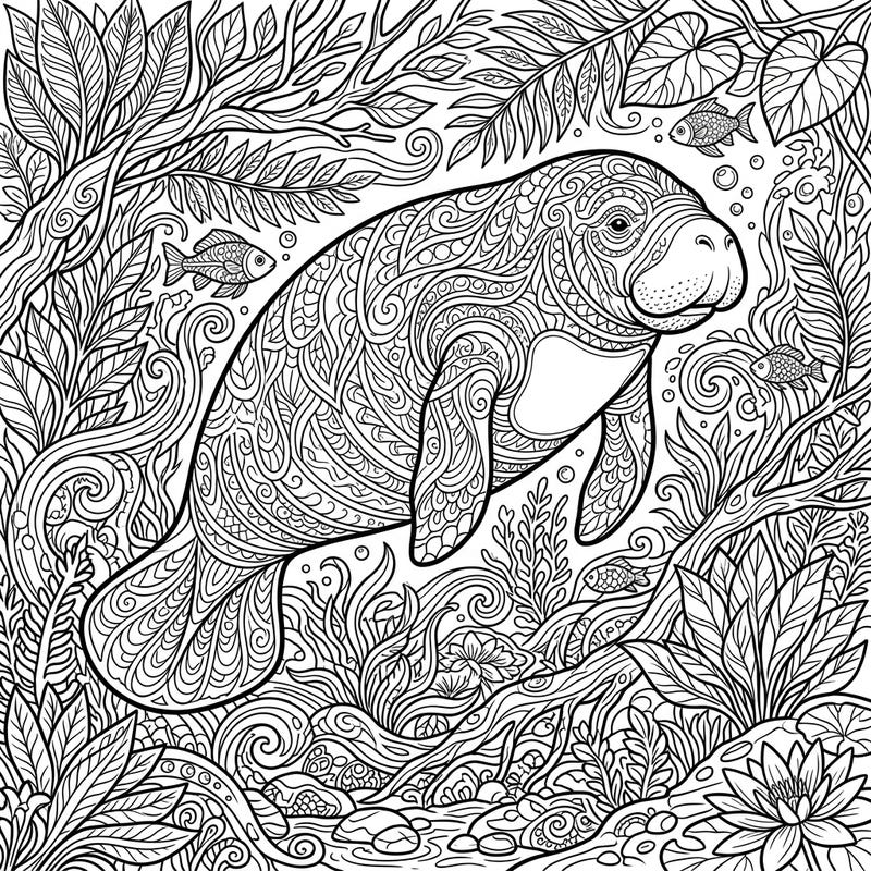 Dive into an intricate coloring adventure with this Amazonian Manatee page, specially designed for teens. Featuring complex patterns and a vibrant underwater scene, it's perfect for creative relaxation and detailed artistry.