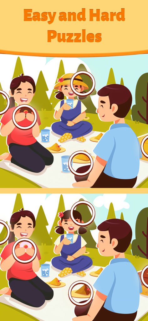 Differences Online—Find Games - A spot the difference puzzle showing a cartoon family having a picnic in a park with circled differences