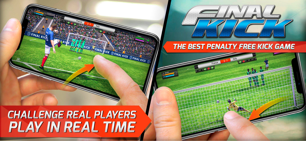Final Kick: Online football - Zwei Smartphones, die realistische Elfmeter- und Torwart-Paraden-Gameplay in Final Kick Online Football zeigen