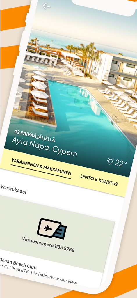 Tjäreborg – Matkat mukanasi - Tjareborg travel app interface displaying a holiday countdown to Ayia Napa Cyprus with booking information