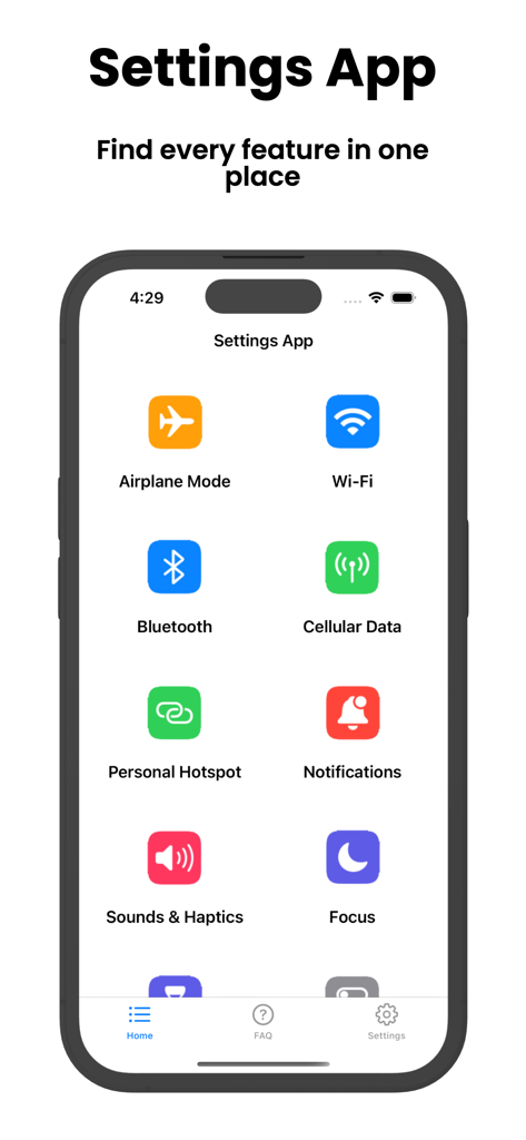 Settings App For Phone - Uma tela de celular exibindo uma grade simplificada de ícones de configurações do iOS, incluindo Wi-Fi, Bluetooth e Notificações, sob o título Encontre todos os recursos em um só lugar.