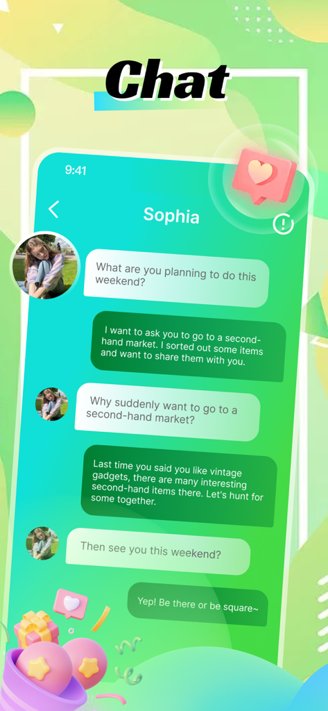A screenshot of the Crewd app chat interface showing a conversation about visiting a second hand market and finding vintage items.