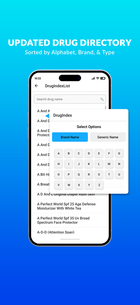 Pill Identifier and Drug List - Mobile screen showing an alphabetical drug directory with options to search by brand or generic name