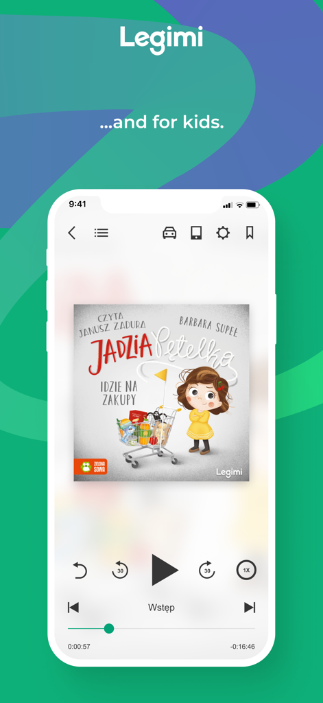 Screenshot der Legimi-App, der eine Hörbuch-Player-Oberfläche für Kinderbücher zeigt.