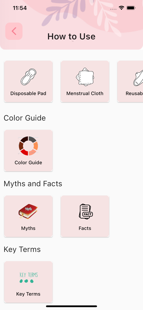 MenstruMate - Period Calender - MenstruMate app interface showing the How to Use section with education on period products and myths.