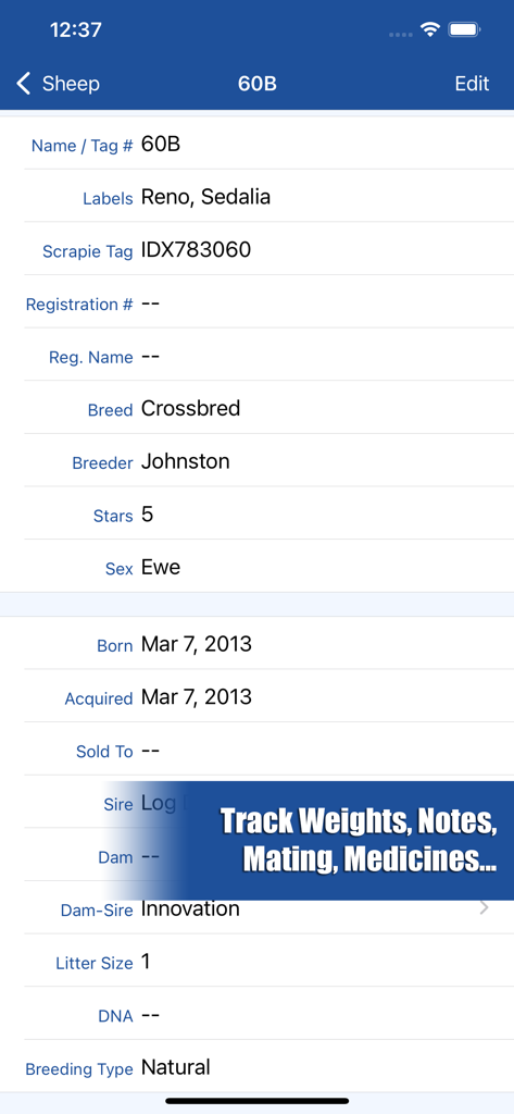 HerdBoss - Detailed sheep record screen in the HerdBoss app showing lineage and breeding information