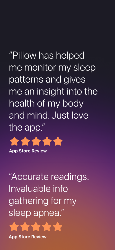 Five star App Store reviews for Pillow Sleep Tracker app highlighting sleep pattern monitoring and sleep apnea insights