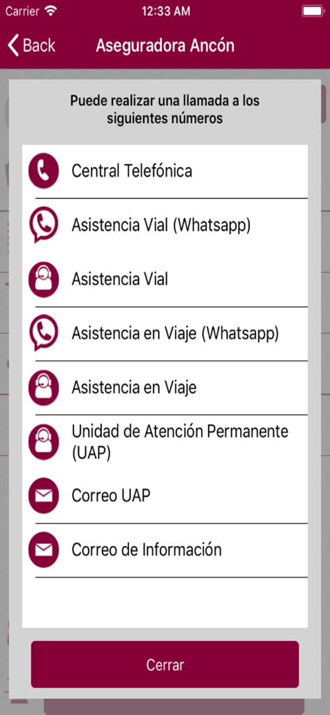 Contact and assistance options menu in the Ancon Clientes app showing various telephone, WhatsApp, and email support services