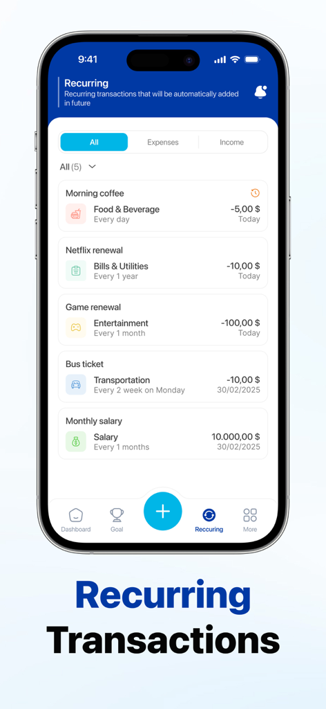 MoneyNote: Save and Track - A mobile interface for tracking recurring income and expenses like subscriptions and monthly salary