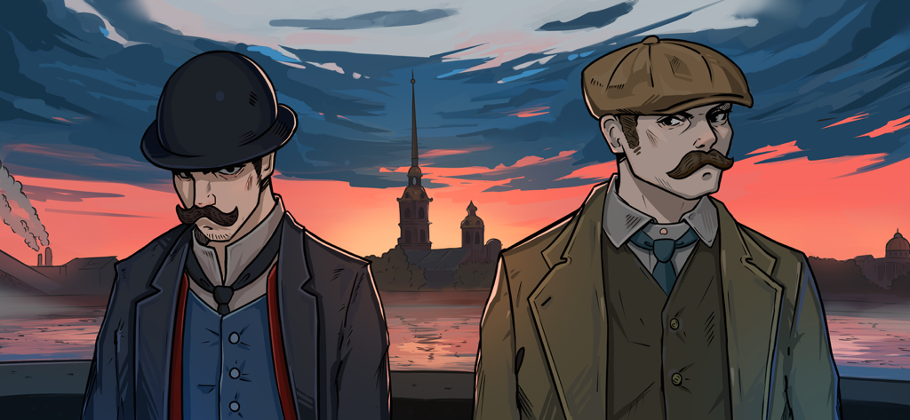 Dos hombres con atuendo histórico ruso de pie frente a un horizonte de San Petersburgo al atardecer.