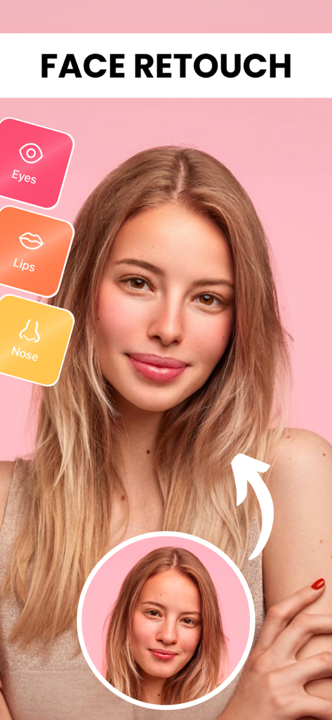 Retouch - AI Face Editor - Comparação antes e depois de recursos de retoque facial com IA para olhos, lábios e nariz