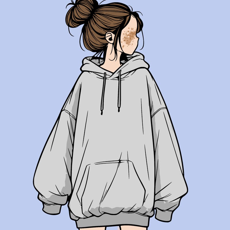 realistic girl with a oversized sweatshirt on and a bun