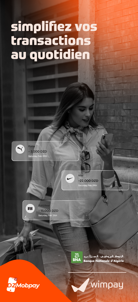 WIMPAY DZ BNA - Woman walking with shopping bags checking her daily mobile transactions on the Wimpay BNA app.
