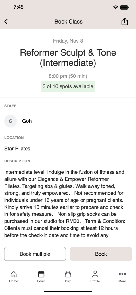 Star Pilates - Star Pilates app screen for booking an intermediate Reformer Sculpt and Tone class