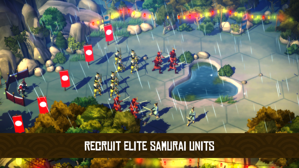 Hex-based battlefield with samurai units and banners in Medieval Japan during rain