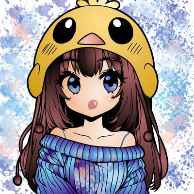 anime girl with chick shaped hat with sweater with bare shoulders with bangs covering them one eye with low tail