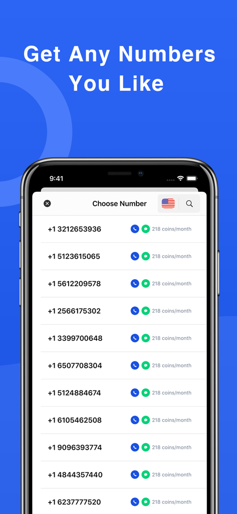 Una interfaz móvil para VCall mostrando una lista de números de teléfono virtuales de EE. UU. disponibles con opciones para llamar y enviar mensajes a una tarifa mensual basada en monedas.