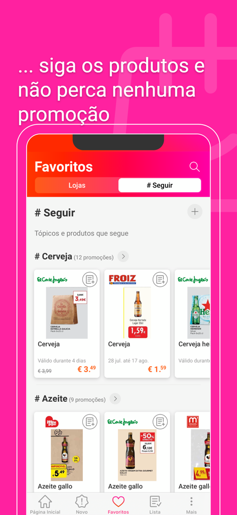 Folhetos Promocionais Portugal - Interface de l'application Folhetos Promocionais Portugal montrant la section des favoris avec des promotions suivies de bière et d'huile d'olive.