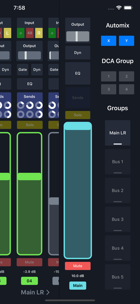 Digital audio mixer interface showing channel faders and bus group controls in the X Air Controller app