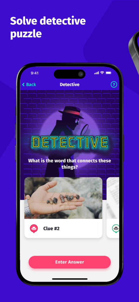 Roadgames: travel games - Interfaz de la aplicación Roadgames que muestra un desafío de detective donde los usuarios resuelven acertijos utilizando pistas de imágenes.