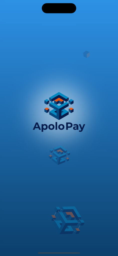 Apolo Pay - Pantalla de inicio de la aplicación Apolo Pay con el logo geométrico azul y naranja en forma de cubo sobre un fondo azul.