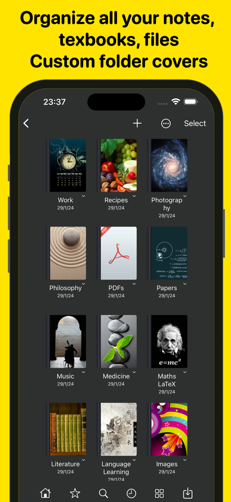 Ein Smartphone-Bildschirm, der ein Raster digitaler Notizbücher mit benutzerdefinierten ästhetischen Einbänden zur Organisation von Notizen und Dokumenten zeigt.