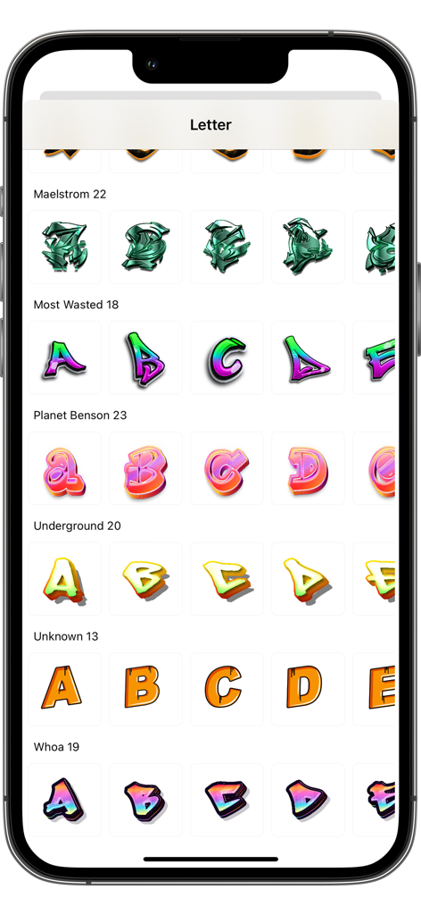 A selection of colorful graffiti fonts and letter styles in the Graffiti Logo Maker app interface.