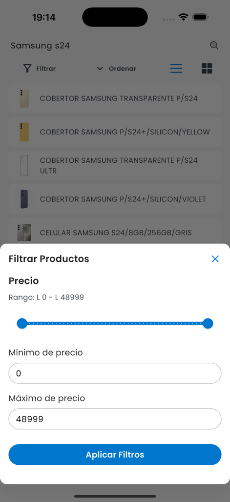 DIUNSA HN - Price range filter screen on the DIUNSA mobile app showing search results for Samsung S24