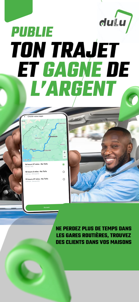 Dulu - Promotional image of the Dulu app showing a driver and a route map in Cameroon.